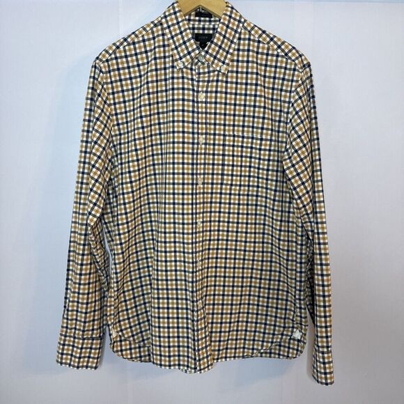 J Crew Shirt Mens Medium Yellow Check Button Up Long Sleeve Slim Office Corpcore - Picture 1 of 7
